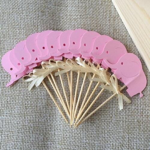 Gold Bow & Pink Elephant Double-Sided Cupcake Toppers Picks for Baby Shower Girl Birthday Party Decorations Cake Accessory