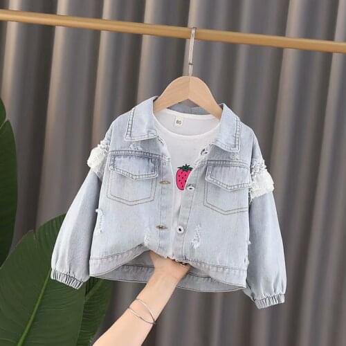 1-3 Year Childrens Denim Spring AutumnJackets Girl Flower Jean Jackets Girls Kids Clothing Baby Lace Coat Casual Outerwear