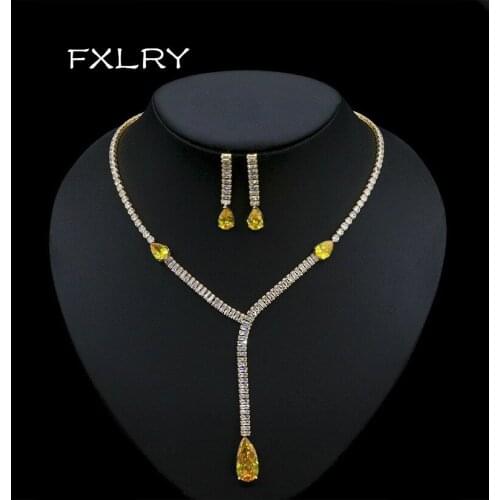 FXLRY High Quality Shiny Yellow Water Drop Cubic Zirconia Women Party Necklace Earrings Set Wedding Bridal Jewelry
