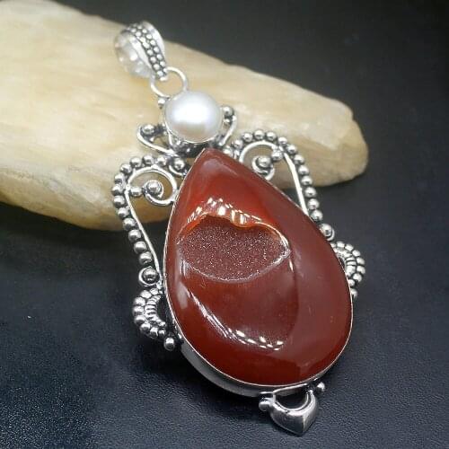 Gemstonefactory Jewelry Big Promotion Single Unique 925 Silver Biwa Pearl Drusy Quartz Agate Lady Women Necklace Pendant 0118