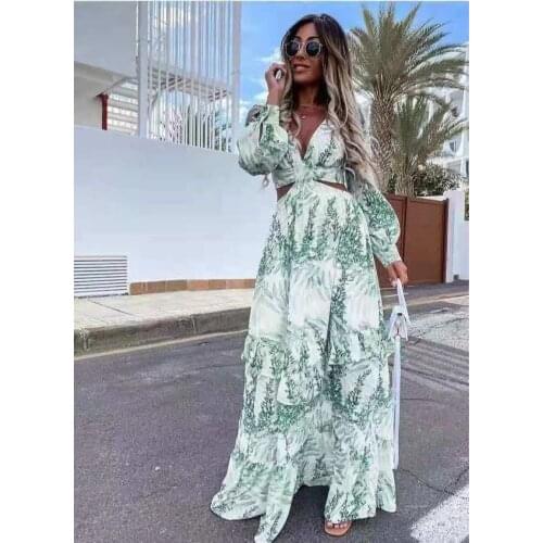 Robe boheme femme chic,Summer long sleeve v neck hollow cut out printed swing maxi dress,boho hippie chic beach vacation dress