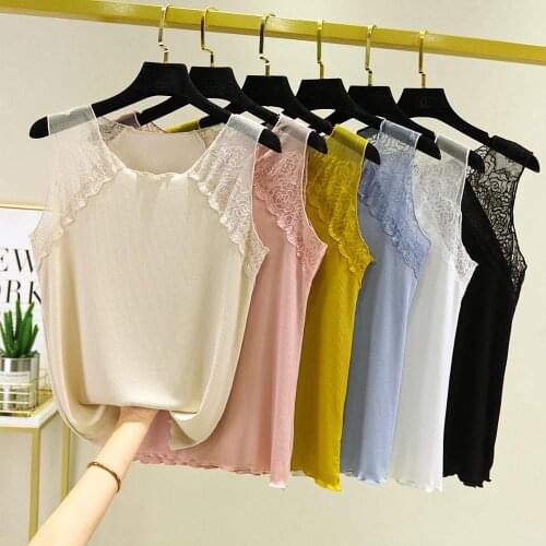 New Women Summer Sleeveless Tank Top Plain Cotton Solid Ruched Basic Camisole Floral Lace Trim Ribbed Casual Underwear Slim Vest