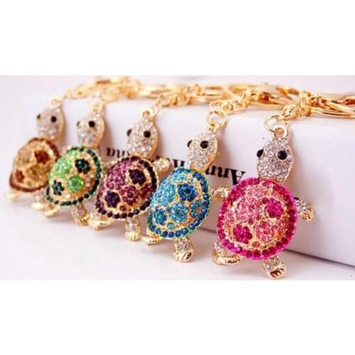 Fashion Cute Turtle Tortoise Shape Car Keychain Handbags Rhinestone Crystal Animal Metal Pendant Accessories Key Rings Gift