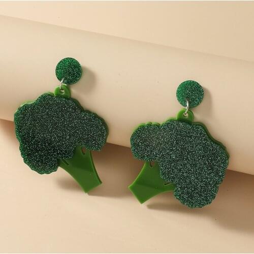 New Creative Funny Green Broccoli Acrylic Earrings for Women Lovely Vegetable Shiny Glitter Dangle Earring Fashion Party Jewelry