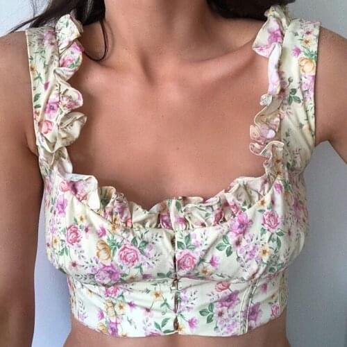 New Corset Tops Women Summer Floral Crop Top Vintage Square Collar Ruffles Tank Top Front Single-breasted Back Zipped Cropped