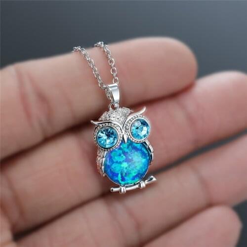 Cute Owl Round Stone Pendant Necklace White Blue Opal Animal Necklace Dainty Silver Color Chain Necklaces For Women Punk Jewelry