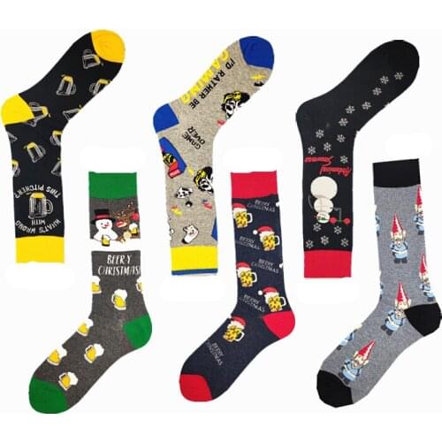 A pair of cotton Autumn and winter mens socks snowman Santas beer happy high realistic feeling skateboard stockings
