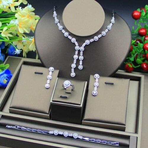 Wedding Luxury Cubic Zirconia Tassel Bride Necklace ,Drop Earrings ,Bracelet and Ring 4pcs Dubai Full Jewelry Set for Bridal