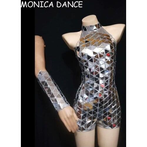Sexy Stage Sparkly Silver Mirror Rhinestone Bodysuit Gloves Birthday Celebrate Evening Outfit Prom Women Dancer Stage Wear
