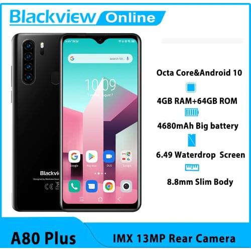 Blackview NEW A80 Plus Mobile Phone Octa Core 4GB RAM+64GB ROM IMX 13MP Rear Camera Face ID Fingerprints Waterdrop 4G Cellphone