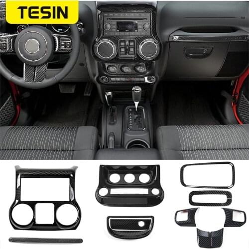 TESIN Car Interior Mouldings 10pcs Carbon Fiber ABS Interior Decoration Trim Kit For Jeep Wrangler JK JKU 2011-2017 Accessories