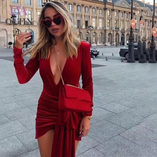 EvaQueen Spring Bodycon Sexy Dresses Women Mini Party Dresses Elegant Red Solid V Neck Velvet Ladies Clothes Office Dress Club