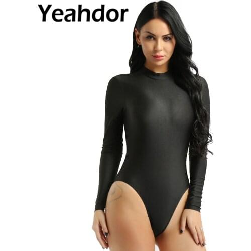 Women Adult One Piece Bodysuit Swimwear Long Sleeve Stand Collar Solid Color Stretchy Leotard Breathable Swimsuit Dancewear