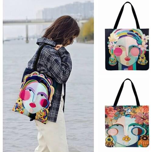Abstract Oil Painting Girl Printed Tote Bag Women Casual Tote Linen Fabric Outdoor Shopping Bag Ladies Shoulder Bag Beach Bags