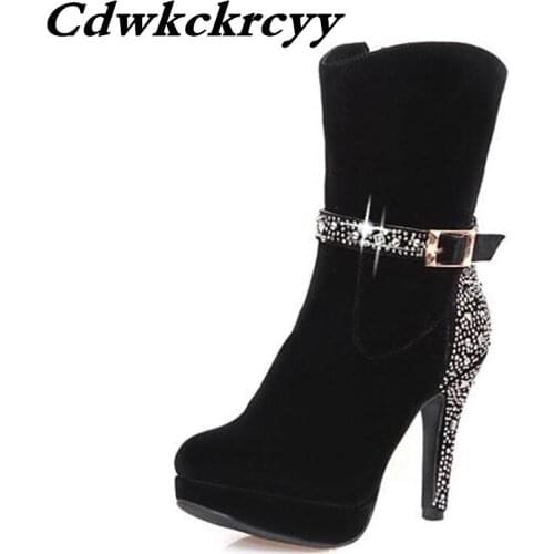 Winter New pattern High-heeled Middle tube Grind Rhinestone Women Boots fashion Comfortable High heel boots plus size 34-41