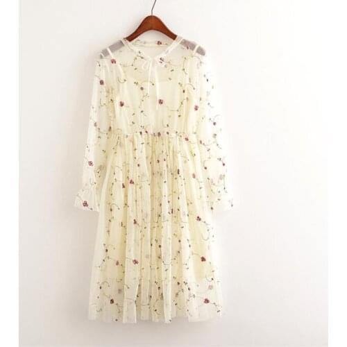 Womens Clothing Korean Set sweet embroidery floral O-neck long sleeve mesh outside dress + inside spaghetti strap tank top