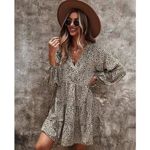 Autumn Winter Spring Leopard Print Dress Women Casual V Neck Button Full Sleeve Dot Ruffles High Waist Mini Dresses