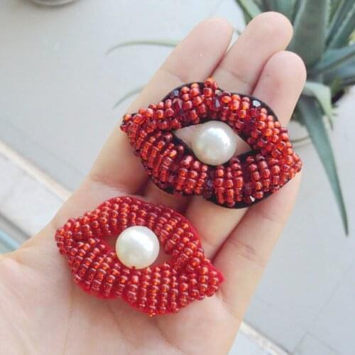2PC Hand Nail Beaded Red Lips Patch Rhinestones Paste Mouth Lip Balm Patch Garment Decor Lipstick Patch Garment Sewing Accessory