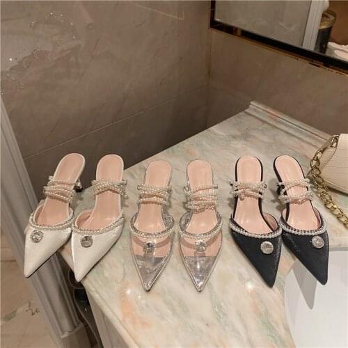 2021 New Baotou Stiletto Heel Ladies Rhinestone Pearl Strap Pointed Sandals Women