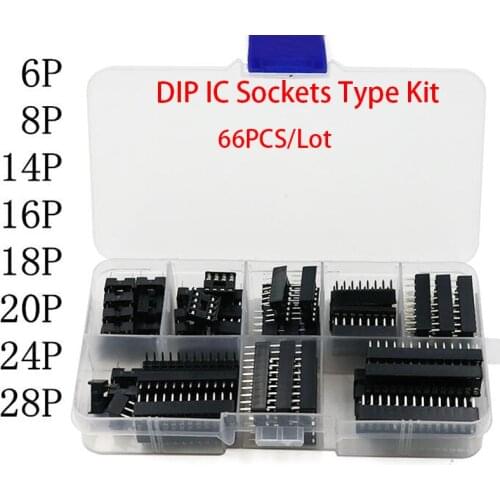 66PCS/Lot DIP IC Sockets Adaptor Solder Type Socket Kit 6,8,14,16,18,20,24,28 pins + Box