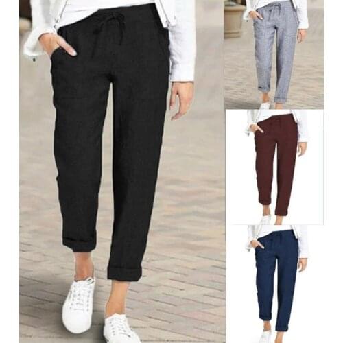 Autumn Pants for Women Vintage Casual Pants Elastic Waist Cotton Linen Ankle-Length Harem Pants Womens Wide Trousers