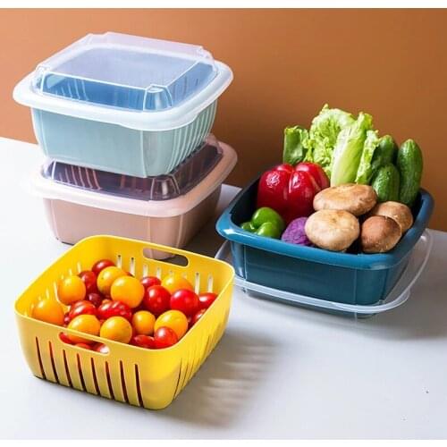 Double-Layer Drain Basket with Lid Refrigerator Crisper Multifunctional Square Washing Fruit Vegetable Basket Kitchen Organizer
