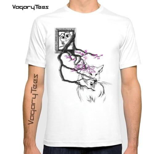 Funny Creative Cute sakura owl and white wolf Design T-Shirt mens Novelty Print T Shirt Summer Streetwear Tops Tees Homme