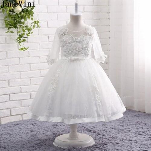 JaneVini 2019 Lovely White Flower Girl Dresses Scoop Neck Appliques Sequined Beaded Half Sleeves Lace A Line Pageant Party Gowns