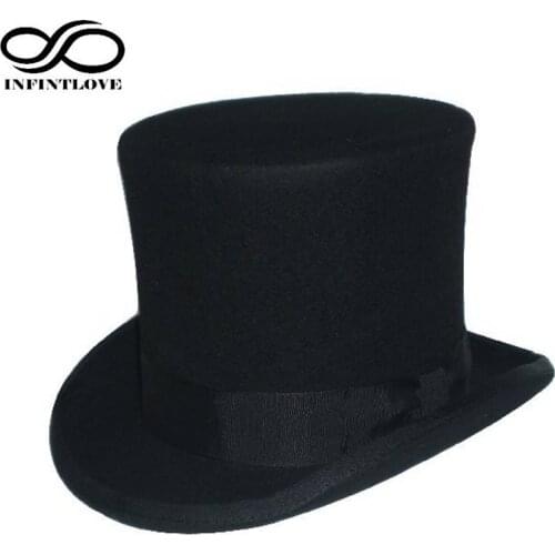 LUCKYLIANJI 15cm British Style Black Steampunk Mad Hatter Top Traditional Wool Felt 100% Fedoras President Lincoln Gentleman Hat