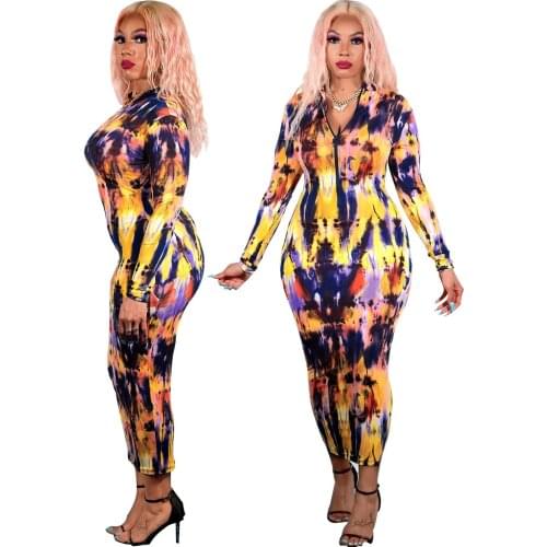 Multicolor Tie Dye Sheath Bag-hip Dresses Round Neck Long Sleeve Nightclub Party Dresses High Waist Slimming Zipper Maxi Dresses