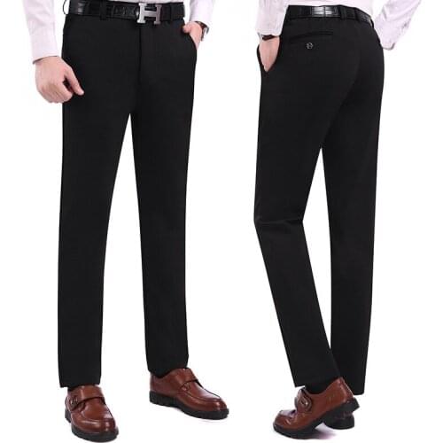 Mens casual pants fitness straight polyester long trousers plus size 2019 fall winter elastic dad business formal black slacks