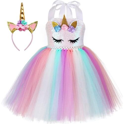 New sequined Unicorn popular gauze customized hand-tied Tutu Dress Girl Pengpeng dress Princess Dress headdress unicorn dress