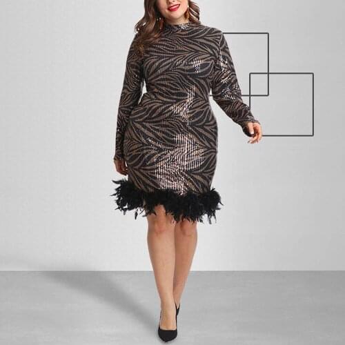 4xl 5xl Sequined Feather Trim Dress Big Size Full Sleeve Bodycon High Waist Knee Length Eleagnt Evening Night Party Club Vestido