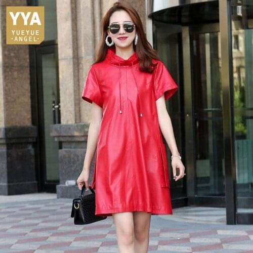 Women Short Sleeve Loose Fit Real Leather Dress Vintage Ladies Casual Big Pockets Sashes A-Line Sheepskin Turtleneck Mid Dresses