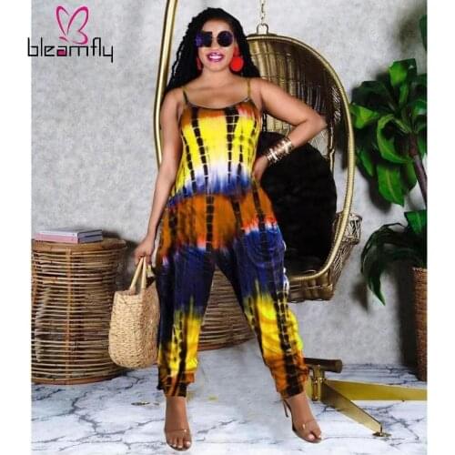 Plus Size 4XL 5XL Tie Dye Spaghetti Strap Jumpsuit Loose Backless Club Outfits For Women Summer Vacation Sexy One Piece Rompers