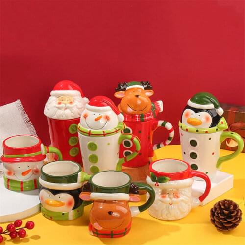 Christmas Ceramic Tea Mugs 350 Ml Funny Travel Coffee Mug Cute Tumbler Santa Claus Snowman Penguin Elk Girls Boys Friends Gifts
