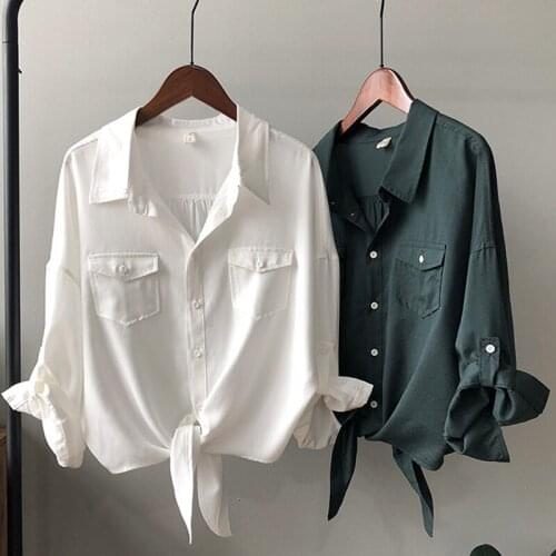 Thin Cotton Linen Women Shirts Summer New 2021 Turn-Down Collar Pocker Long-Sleeved Casual Female Outwear Tops