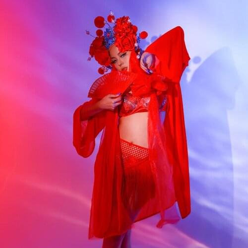 Sexy Women Red Cloak Bikini Chinese Style Pole Dance Clothing Rave Outfits Jazz Hiphop Dance Bodysuit XS1294