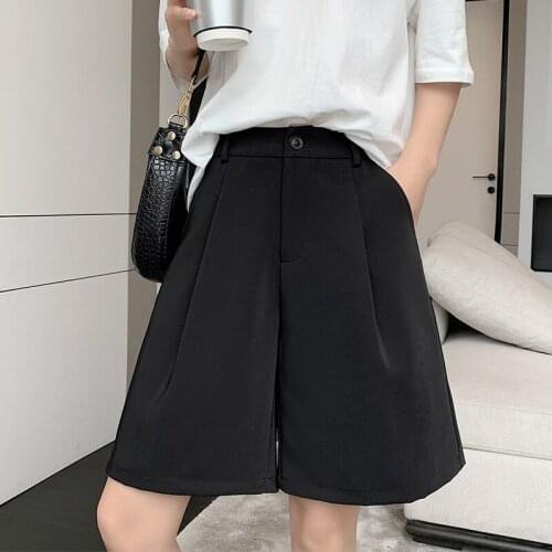 Drape Womens Summer Shorts 2021 Button Long With High Waist Female Loose Classic Knee-Length Office Wide Feminino Capris Black