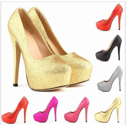 Fashion Super High Heels Thin Heels with Platforms Bridal Shoes Womens Pumps Glittered Leather PU Shoes Wedding Shoes 6 Colors