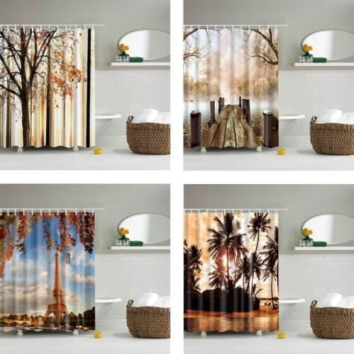 Landscape Printed Bathroom Accessories Home Decor Bath Curtain Fabric Waterproof Shower Curtains Bath Screens with Hooks