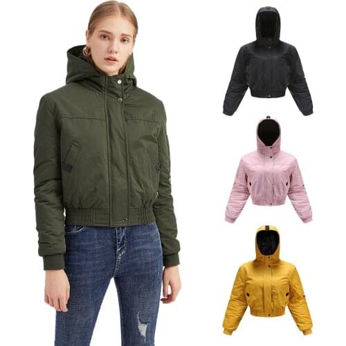Womens Autumn Cotton Jacket Hooded Cargo Jacket Ladies Fashion Loose Long Sleeve Short Jacket Casual Cotton Coat