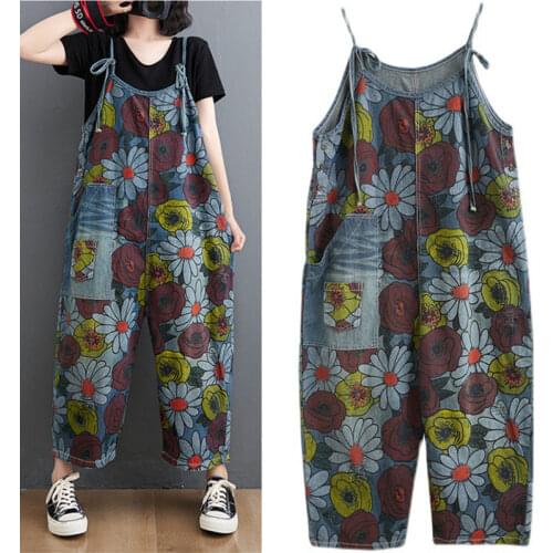 Women Fashion Summer Vacation Jumpsuits Casual Big Size High Waist Printed Overalls Vintage Denim Pants