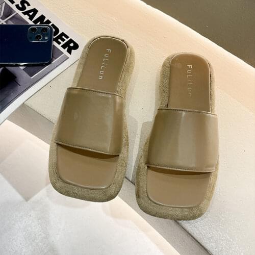 Apanzu 2021 Women Slippers Women Slip On Retro Slides Fashion Square Toe PU Thick bottom Sandals Female Outdoor Casual Slippers