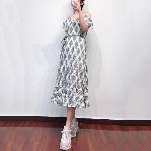 Patads French fashion off shoulder literary stripe suspender skirt spring and summer lady dress versatile r20677e