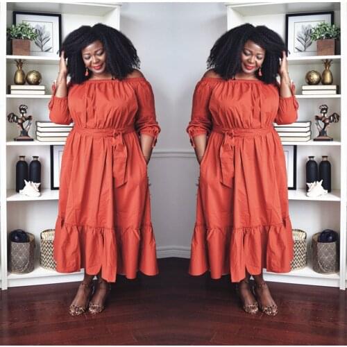 2021 Best Quality Fashion Design Women Dress Solid Color Slash Neck Large Size