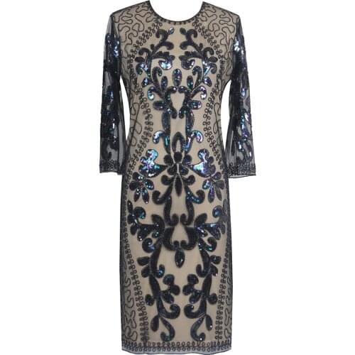 O Neck Formal Party Dress Half Sleeve Women 1920s Vintage Gowns Tea Length Sequins Tulle Evening Dress