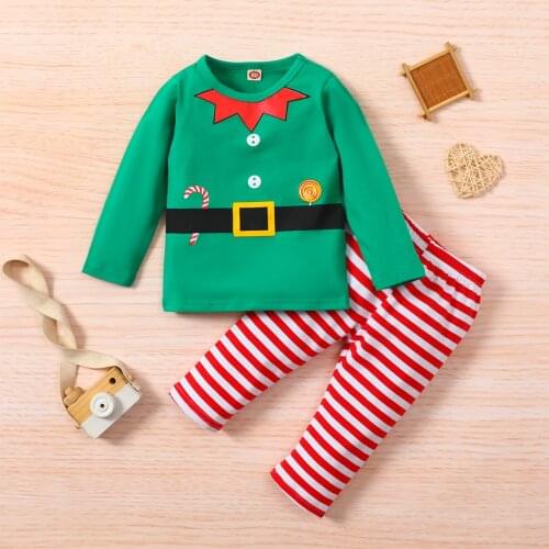 2 Pcs Infant Christmas Outfits Baby Clothes Cartoon Print Long Sleeve Round Neck Pullover Tops + Striped Trousers Autumn Clothes