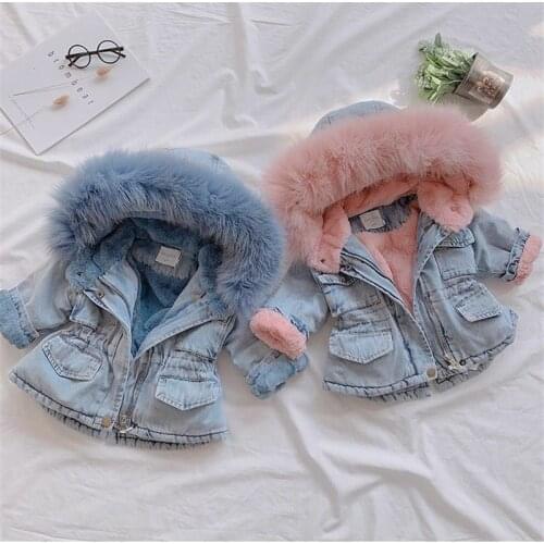 2021 Winter Hooded Fur Girls Jacket Fleece Denim Boys Coat Outdoor Fashion Children Windbreakers Windproof Kids Snowsuit Clothes