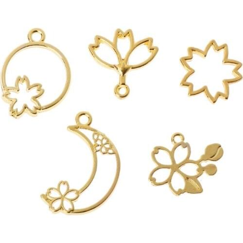 5Pcs Cherry Flower Open Bezel Charm Pressed Flower Blank Frame Hollow Pendants